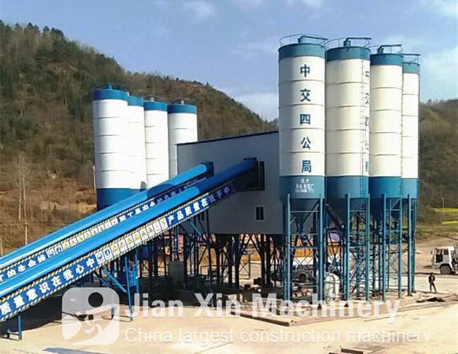  The double 120 concrete mixing plant from Jianxin works at a construction site in  Guizhou, China.